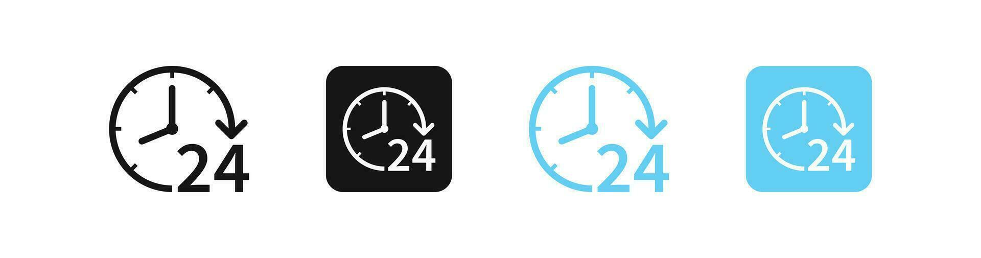 24 hours clock icon. Work time symbol. Delivery signs. Service symbols. Support, business icons. Shop open. Black, blue color. Vector sign.