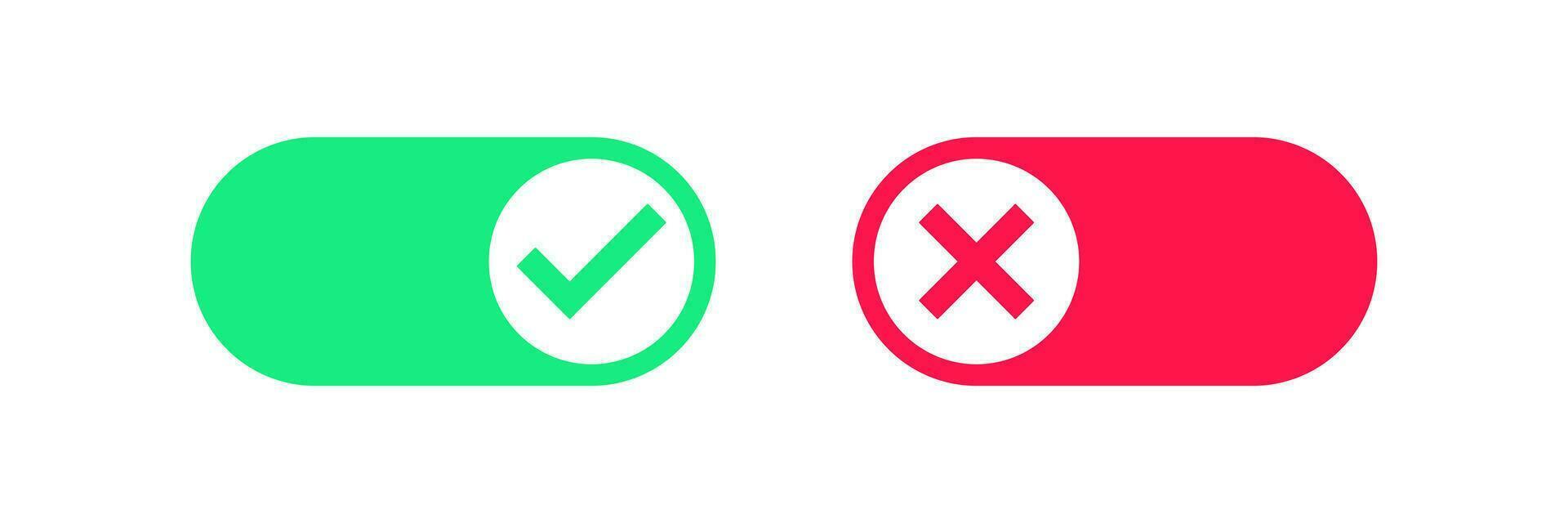 Toggle icon. Switch symbol. Slider signs. Active symbols. Inactive icons. Cancel, check mark button. Red, green color. Vector sign.