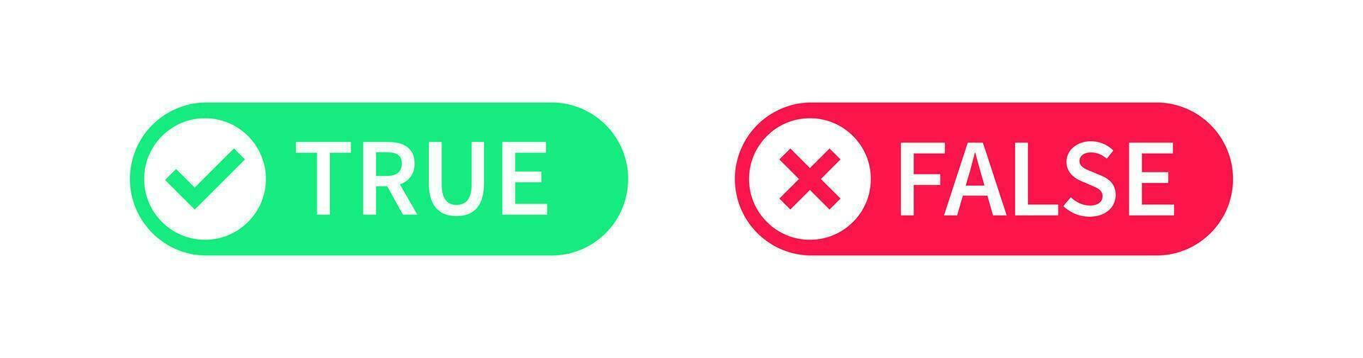 True icon. False symbol. Wrong, right signs. Yes and no symbols. Truth stamp icons. Green, red color. Vector sign.