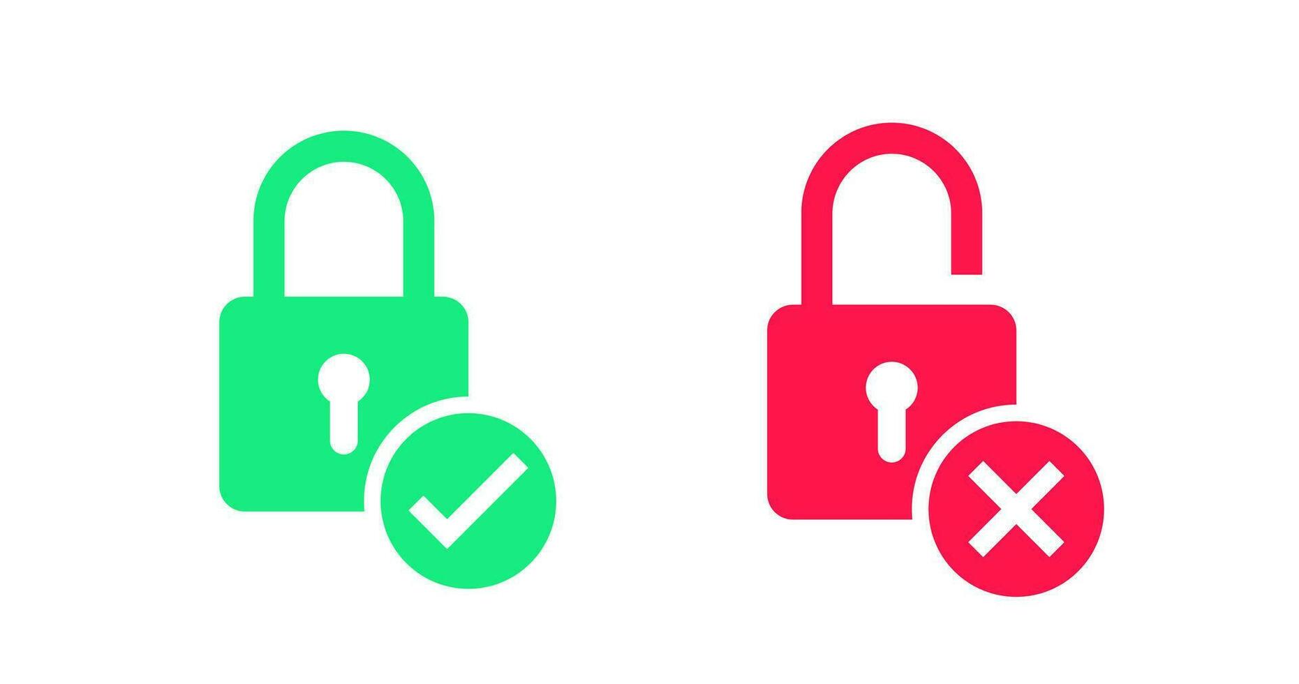 Lock icon. Unlock symbol. Padlock signs. Safe symbols. Security icons. Safety button. Red, green color. Vector sign.