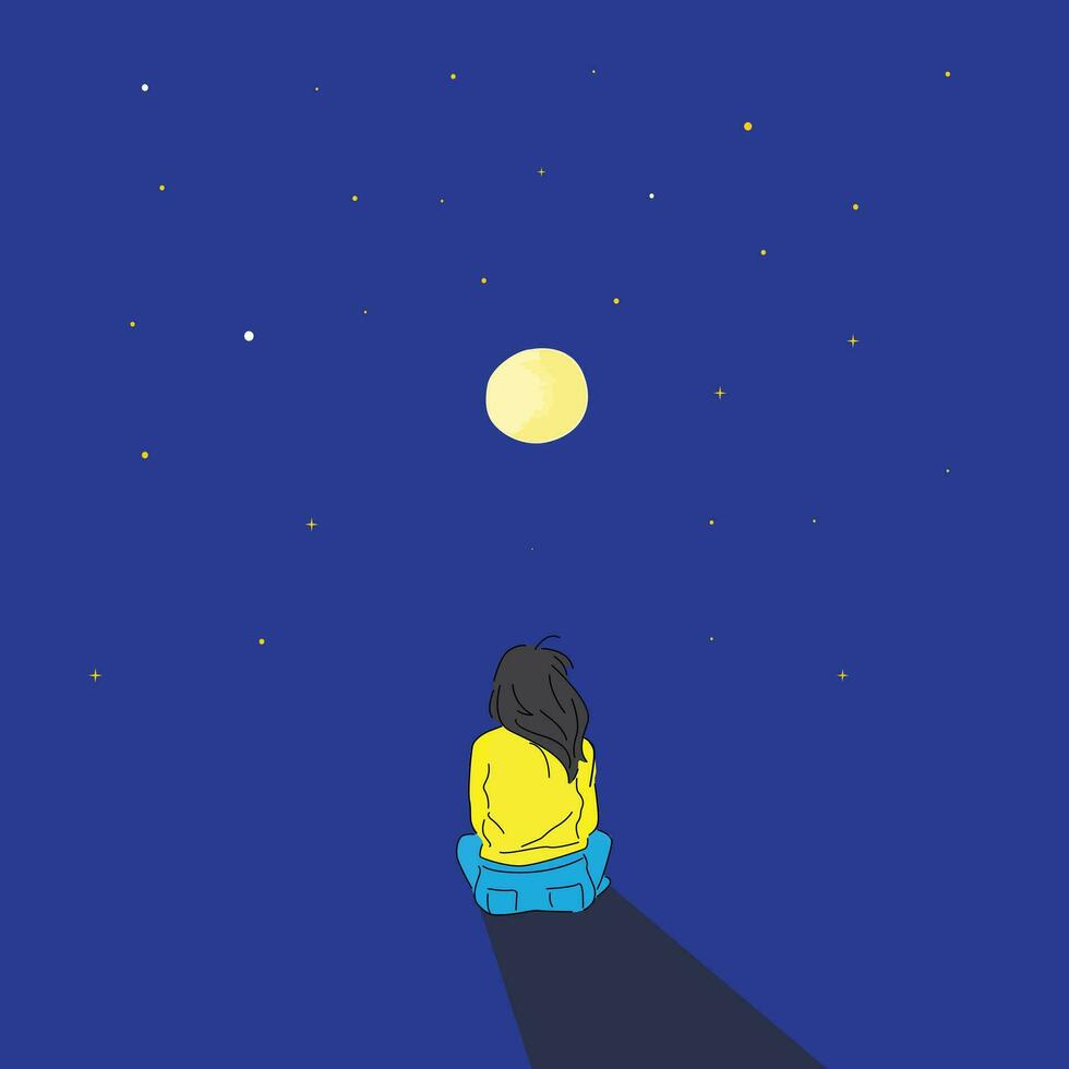 mujer en el noche y Luna vector