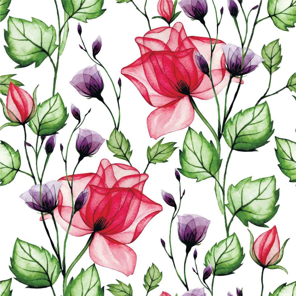 watercolor seamless pattern, with transparent flowers. pink and purple rose flowers, x-ray. vector