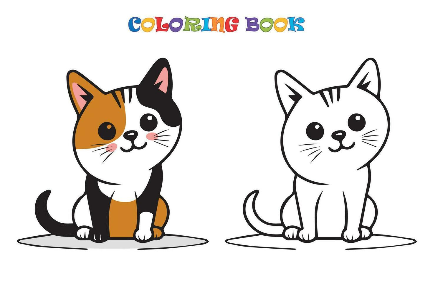 Sitting cute cat with smile. Coloring book. vector