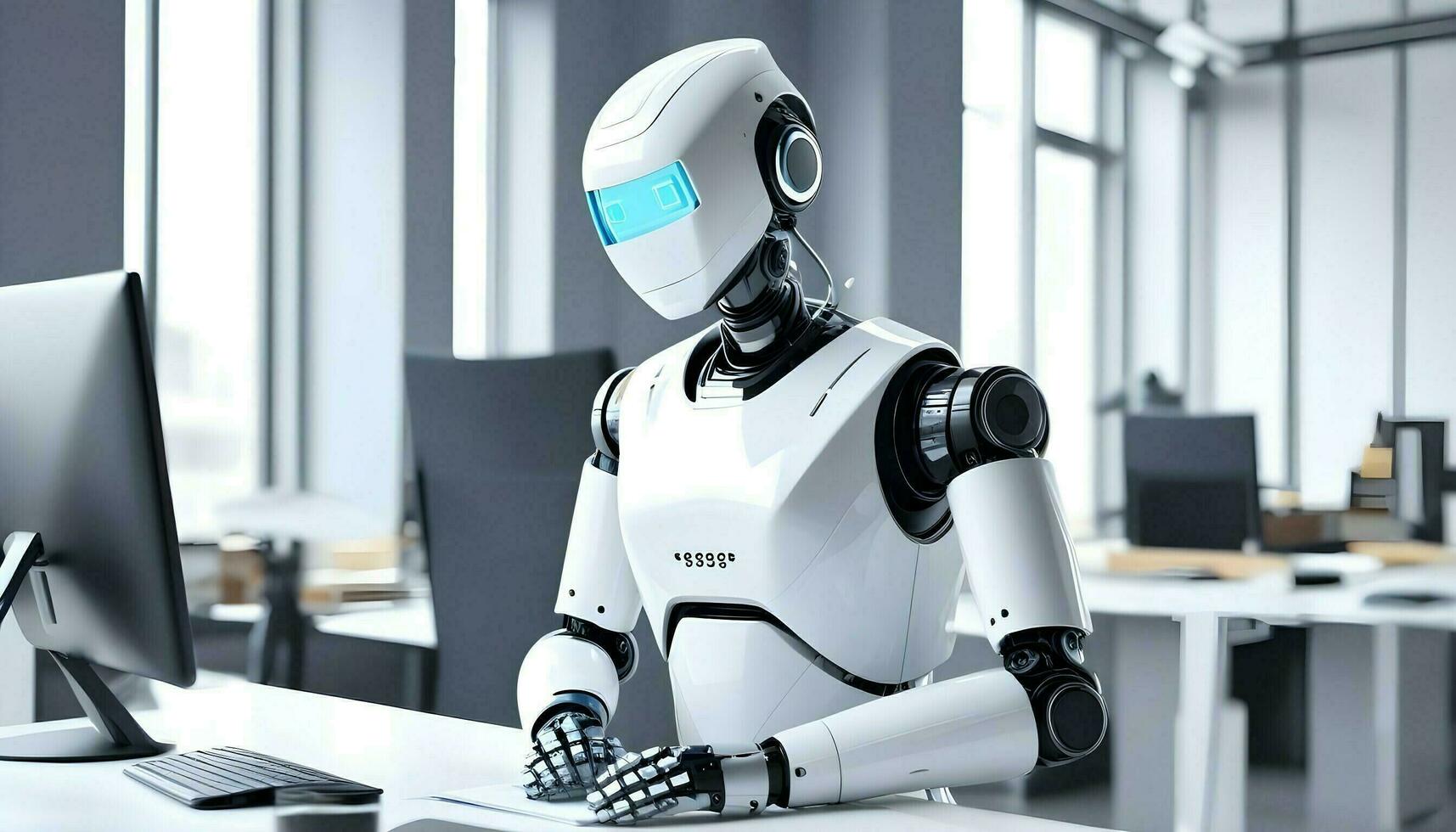 A white robot is sitting and working in the office. photo