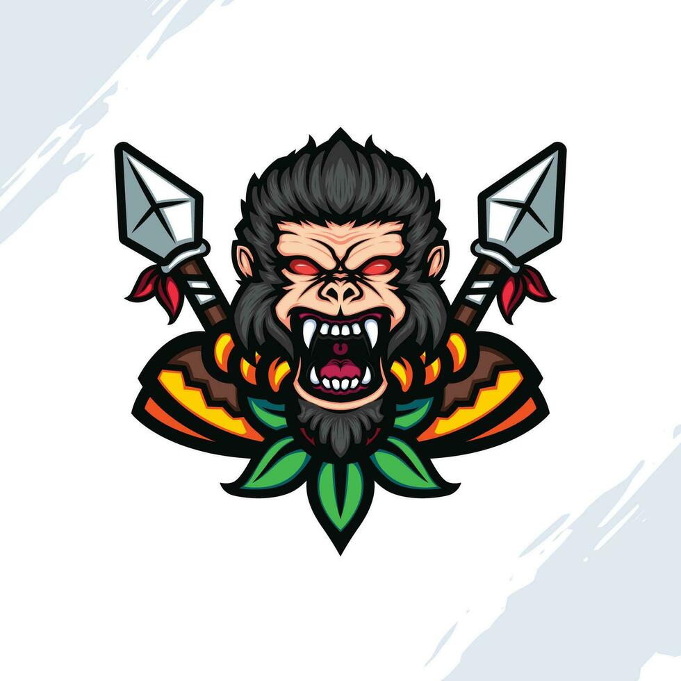 Illustration of Gorilla Head Screaming with Angry Face Wearing Tribal Clothes with Two Spears on the Back vector