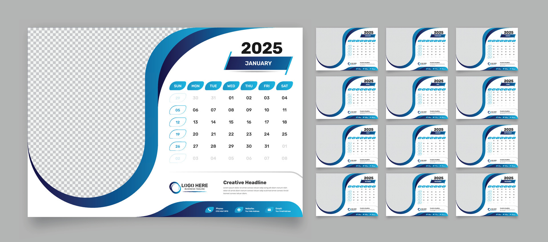 Minimalist dark blue desk schedule template set for 2025 with accurate