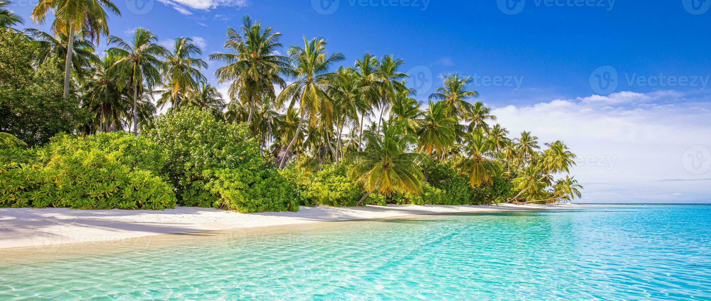 Beautiful amazing beach. Tropical shore background as summer landscape, white sand calm sea sky banner. Tranquil beach scene vacation and summer holiday concept. Dream sunny panoramic nature paradise photo