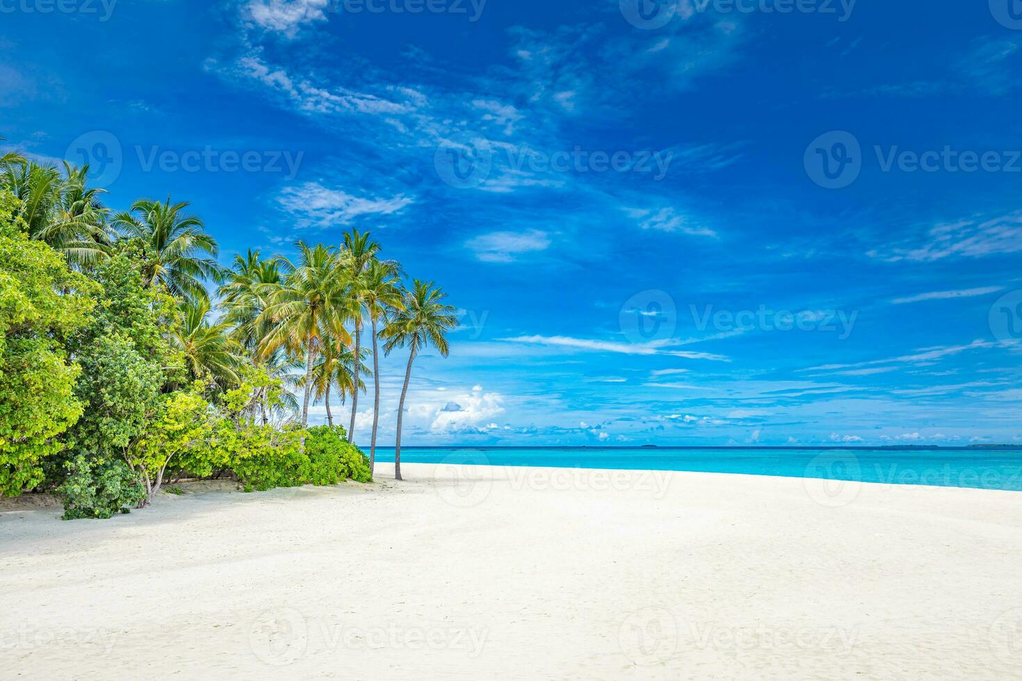 Beautiful amazing beach. Tropical shore background as summer landscape, white sand calm sea sky banner. Tranquil beach scene vacation and summer holiday concept. Dream sunny panoramic nature paradise photo