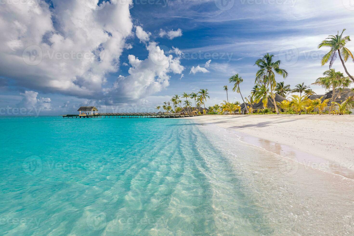 Beach resort landscape, tropic surf and horizontal sea as summer holiday vacation. Relax luxury hotel beach background. Amazing sea view blue sea, exotic travel destination. Palm tree white sand vibes photo