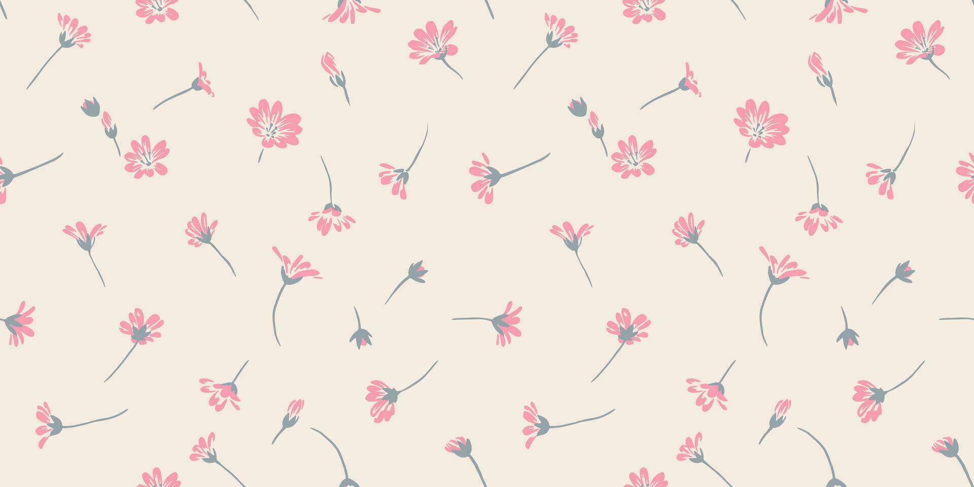 Seamless, artistic, simple, gently daisy floral pattern. Vector hand drawn tiny branches buds flowers on a beige background. Design ornament for fabric, interior decor, textile, fashion, wallpaper