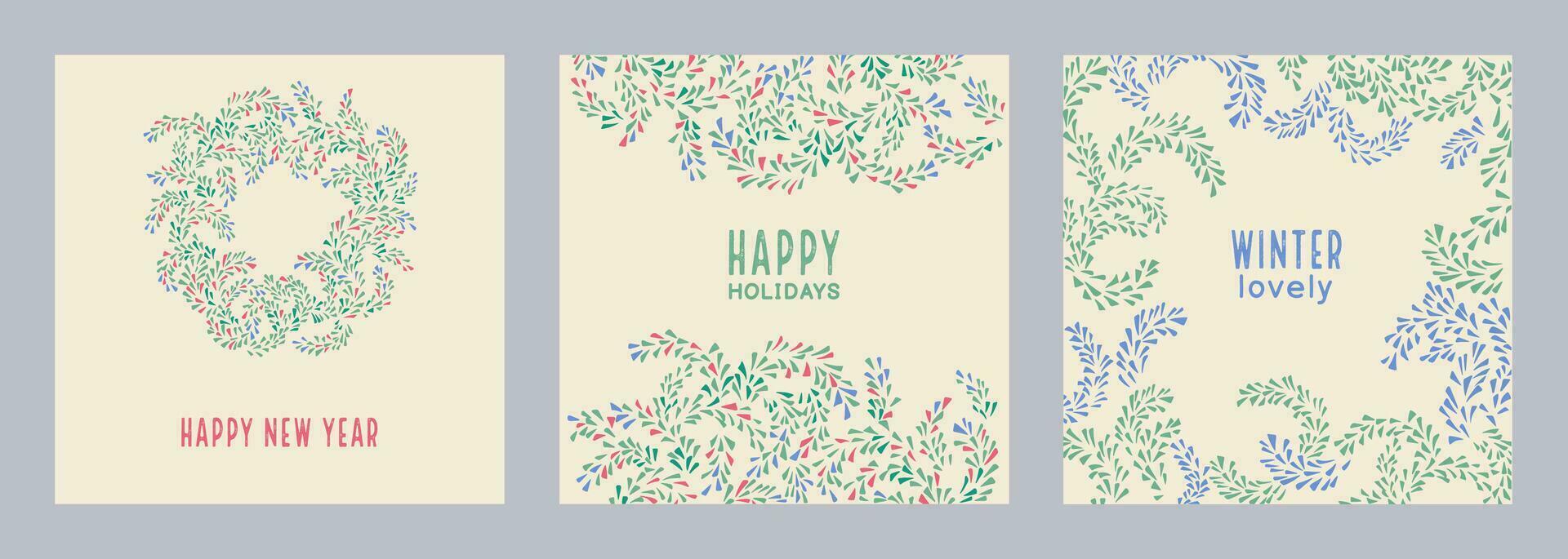 Set of holiday, winter, Christmas, New Year cards with a hand drawn  Christmas wreath and unique floral ornament. Vector illustrations of printing, poster, corporate invitation, greeting cards.