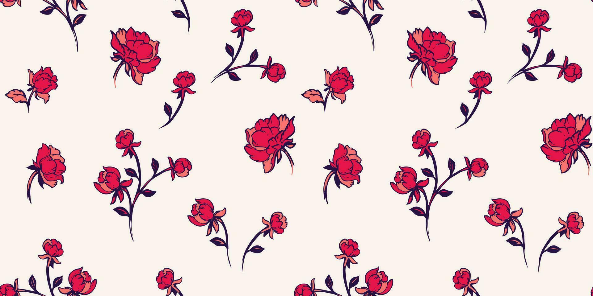Seamless  colorful stylized  flowers rosebuds, roses pattern on a white back. Vector hand drawn abstract, ditsy floral. Template for design, textile, fashion, print, fabric, interior decor, wallpaper