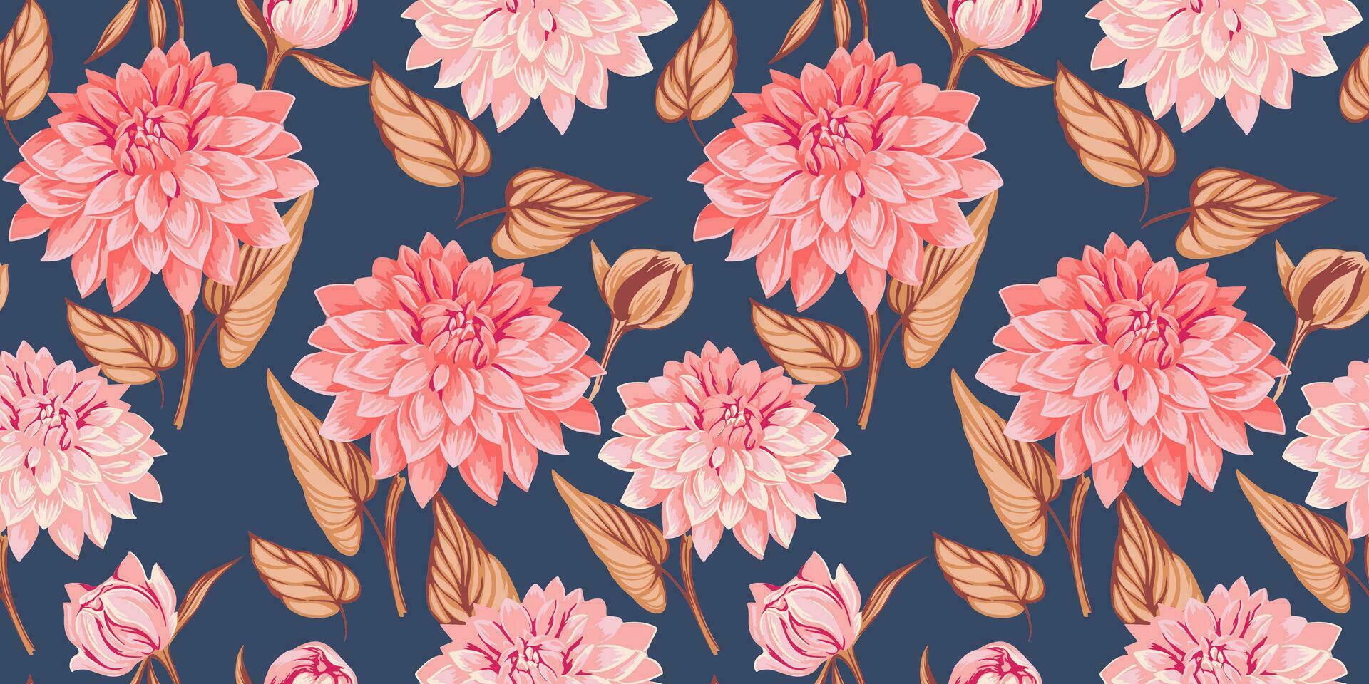 Seamless artistic orange flowers dahlias with leaves pattern. Vector hand drawn. Beautiful floral print on a turquoise background.  Template for design,fashion,surface design, fabric, wallpaper