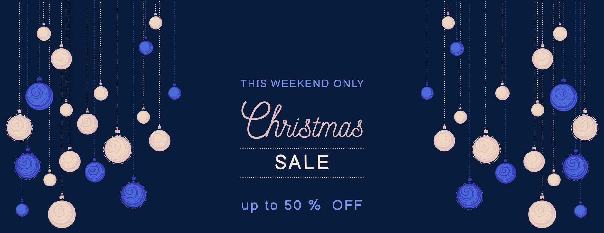 Christmas sale background. Vector Christmas balls on a black blue background. Horizontal border with copy space. Suitable for email header, social media post, advertising, events and page