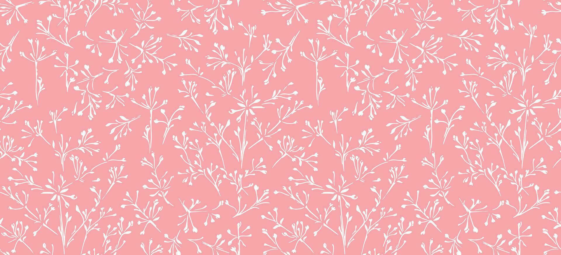 Abstract, minimalist, contemporary floral stems seamless pattern. Vector hand drawn sketch silhouettes shapes, spots and lines. Simple tiny branches on a pink background print.