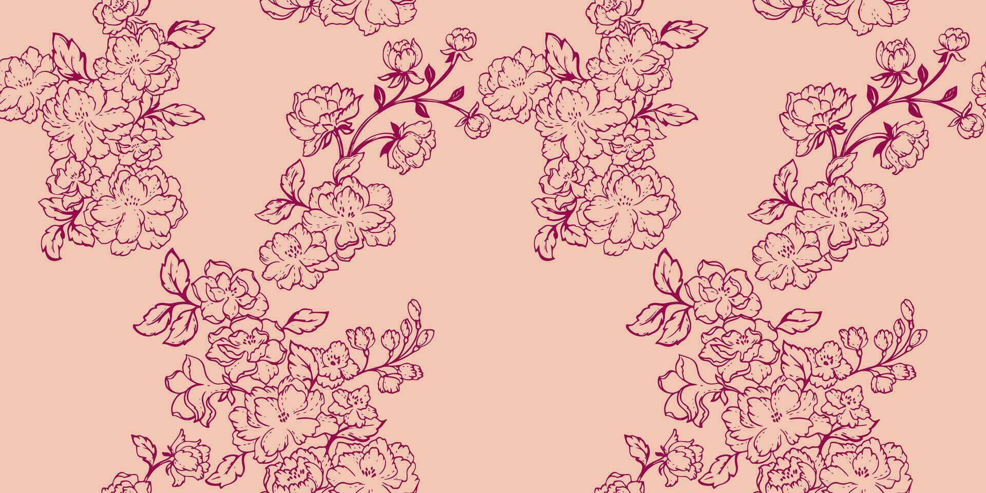 Seamless abstract, artistic, simple, flowers branches pattern. Vector hand drawn sketch lines, outlines floral.  Template for textile, fashion, print, surface design, fabric,  wallpaper