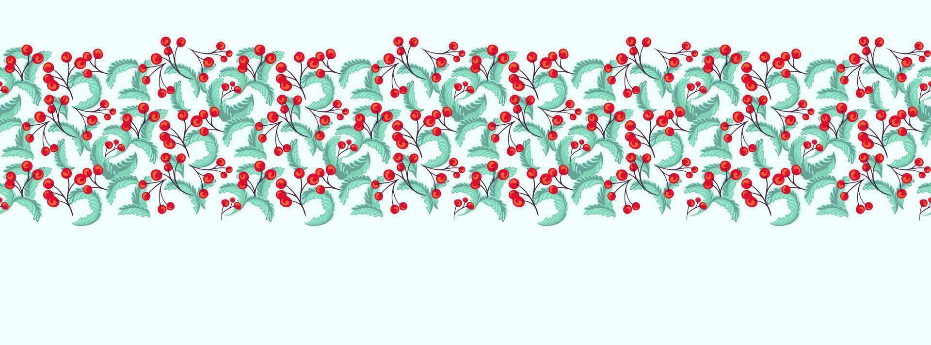 Horizontal Christmas, Holiday border with copy space. Vector hand drawn stylized branches and red berries. Suitable for email header, post in social networks, advertising, events