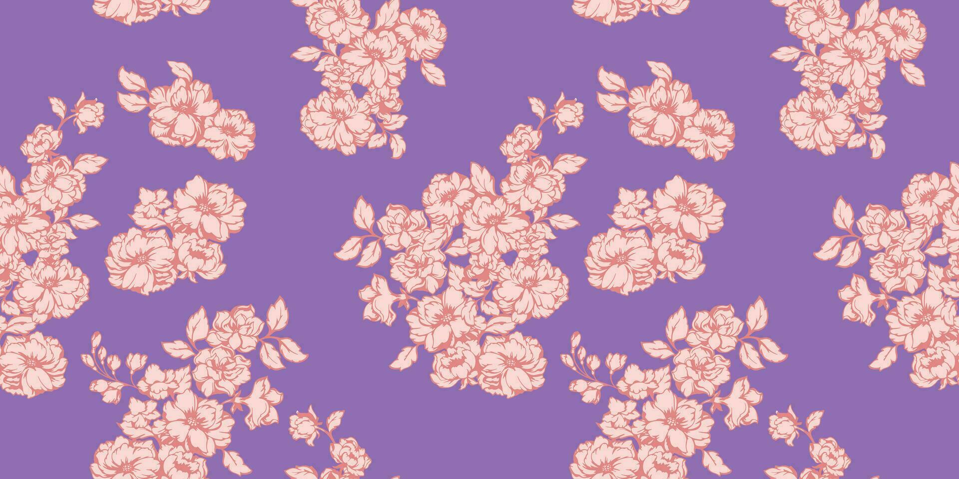 Artistic bouquets flowers seamless pattern. Floral textured on a purple background. Vector hand drawn. Template for textile, fashion, print, surface design, fabric, interior decor