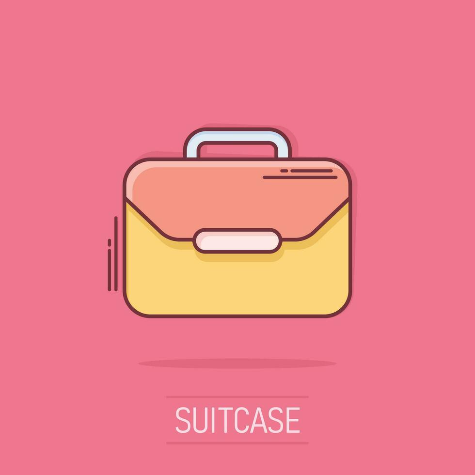 Vector cartoon suitcase icon in comic style. Luggage bag sign illustration pictogram. Diplomat case business splash effect concept.