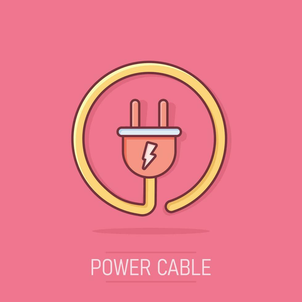 Vector cartoon electric plug icon in comic style. Power wire cable sign illustration pictogram. Wire business splash effect concept.