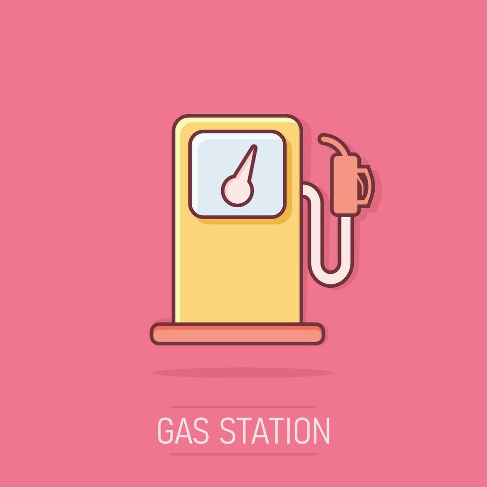 icono de la gasolinera de dibujos animados vectoriales en estilo cómico. Pictograma de ilustración de signo de bomba de gasolina de coche. concepto de efecto de salpicadura de negocio de combustible. vector