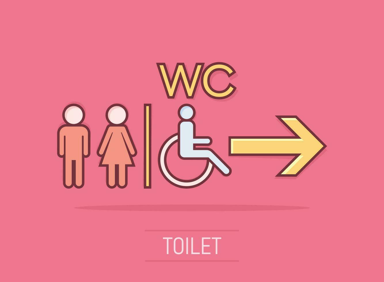 Vector cartoon WC, toilet icon in comic style. Men and women restroom sign illustration pictogram. WC business splash effect concept.
