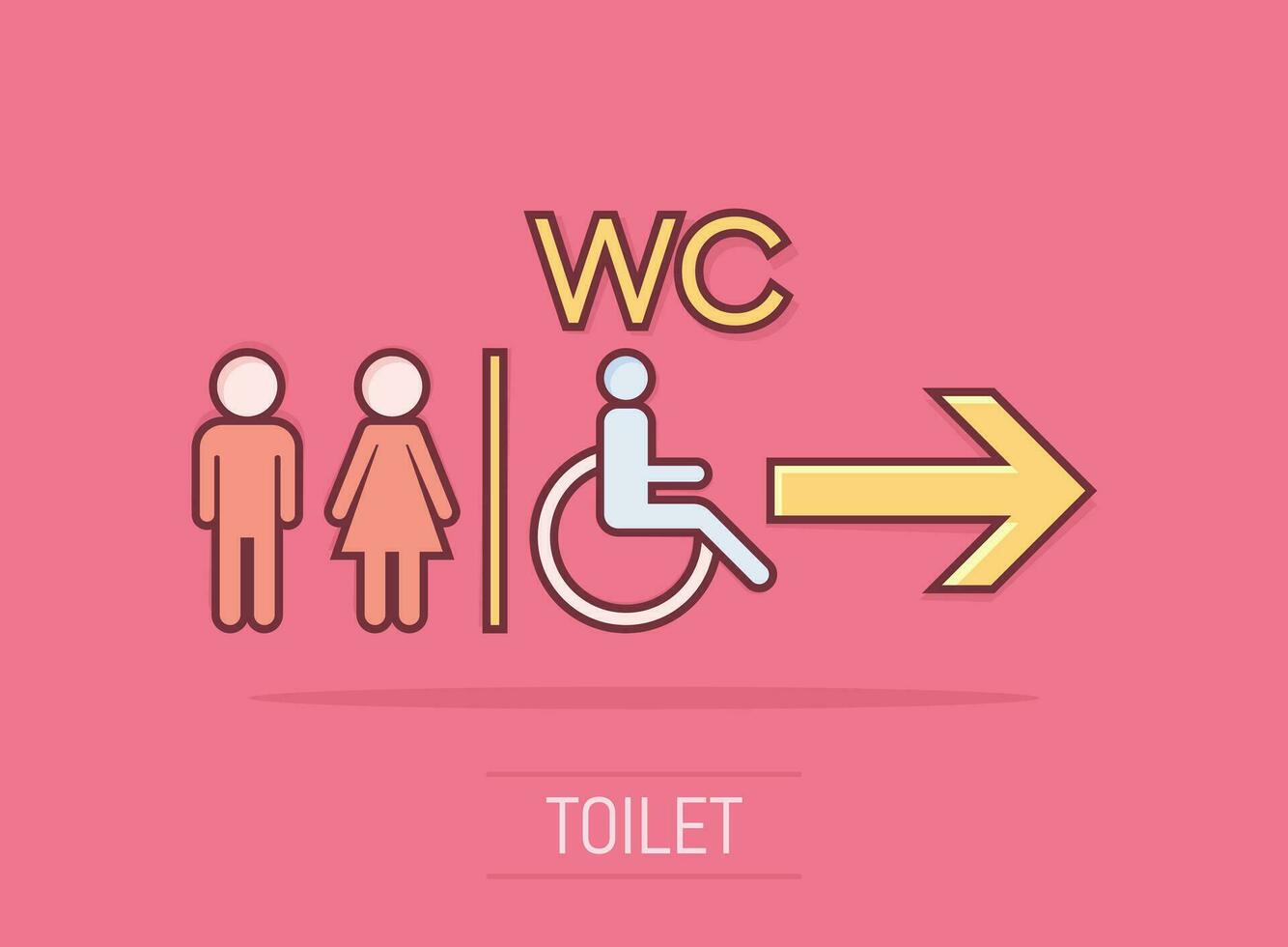 wc de dibujos animados vectoriales, icono de baño en estilo cómico. pictograma de ilustración de signo de baño de hombres y mujeres. concepto de efecto de salpicadura de negocio wc. vector