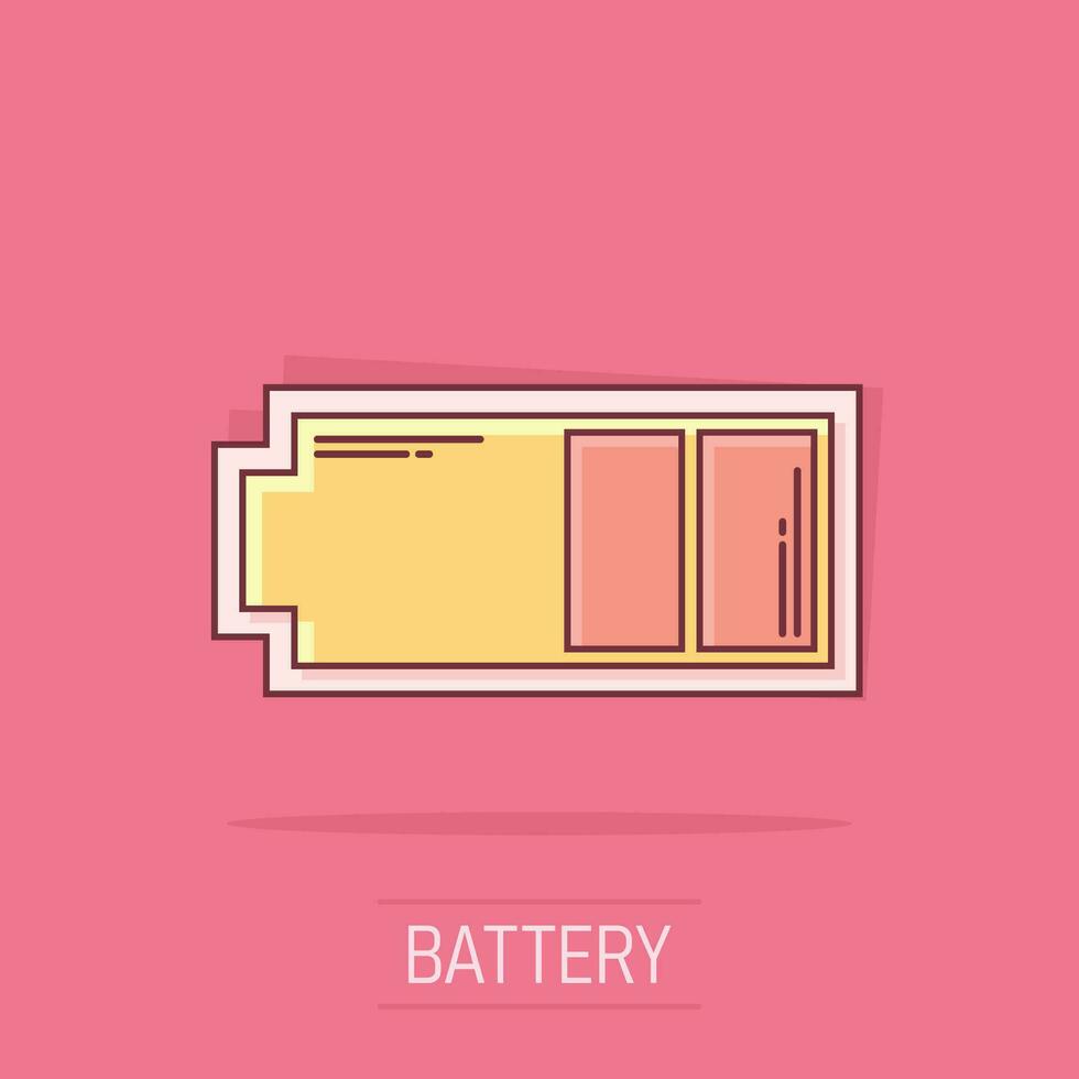 Vector cartoon battery charge level indicator sign icon in comic style. Battery sign illustration pictogram. Accumulator business splash effect concept.