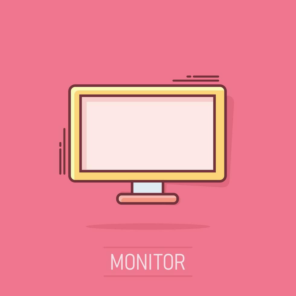 icono de computadora de dibujos animados de vector en estilo cómico. pictograma de ilustración de signo de monitor. concepto de efecto de salpicadura de negocio de televisión.