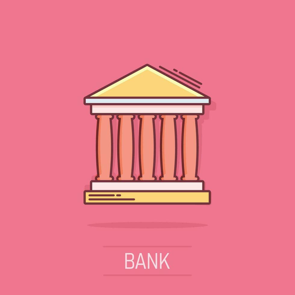 Vector cartoon bank building icon in comic style. Museum sign illustration pictogram. Building business splash effect concept.