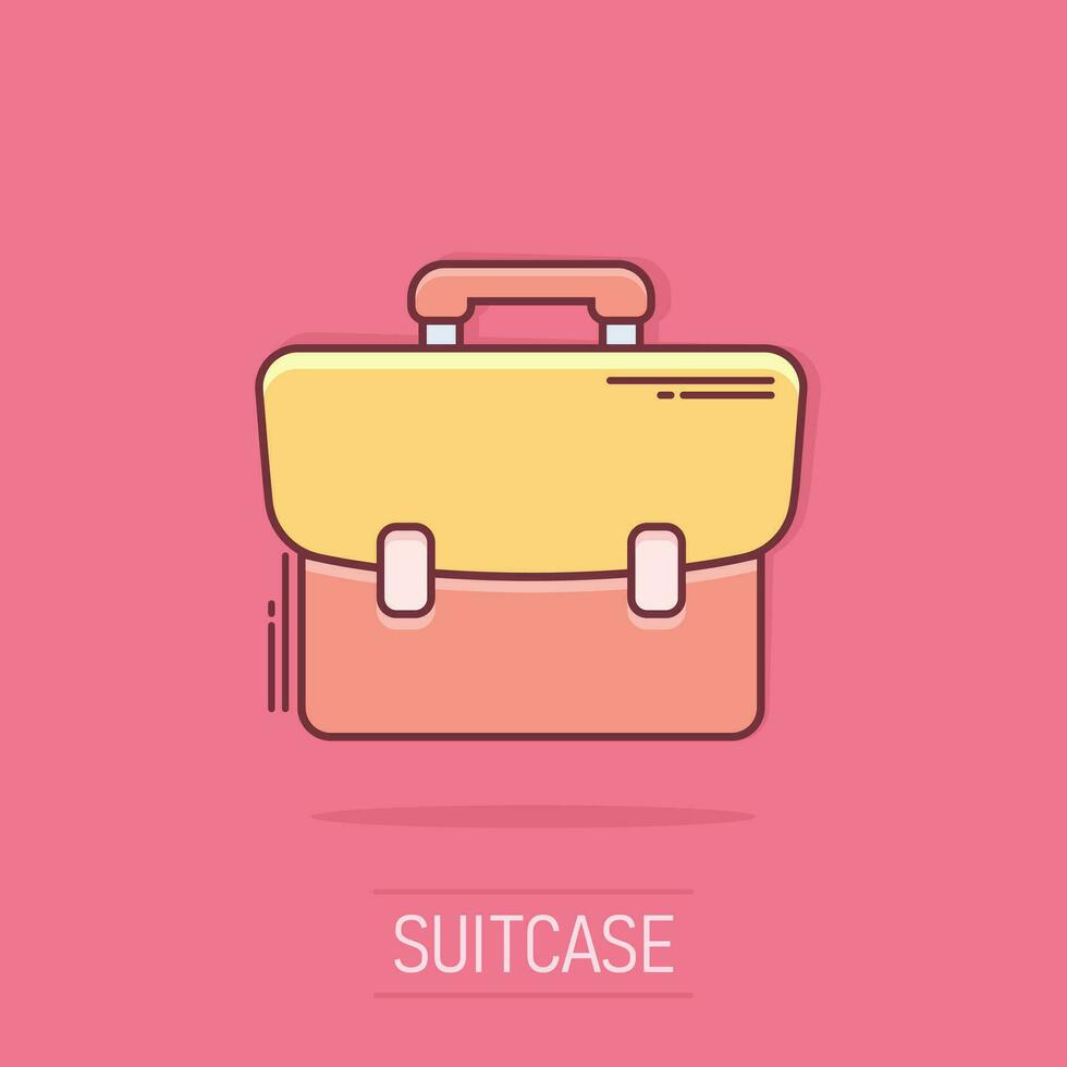 Vector cartoon suitcase icon in comic style. Luggage bag sign illustration pictogram. Diplomat case business splash effect concept.