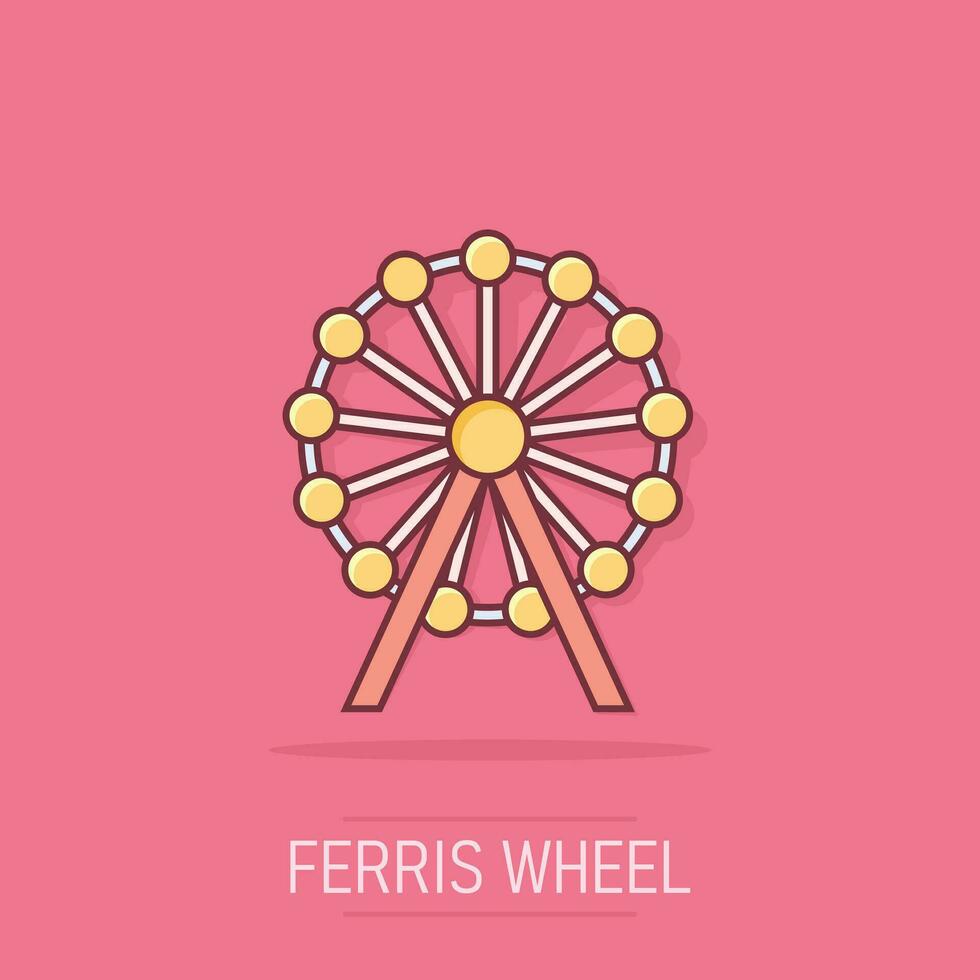 Vector cartoon ferris wheel icon in comic style. Carousel in park sign illustration pictogram. Amusement ride business splash effect concept.