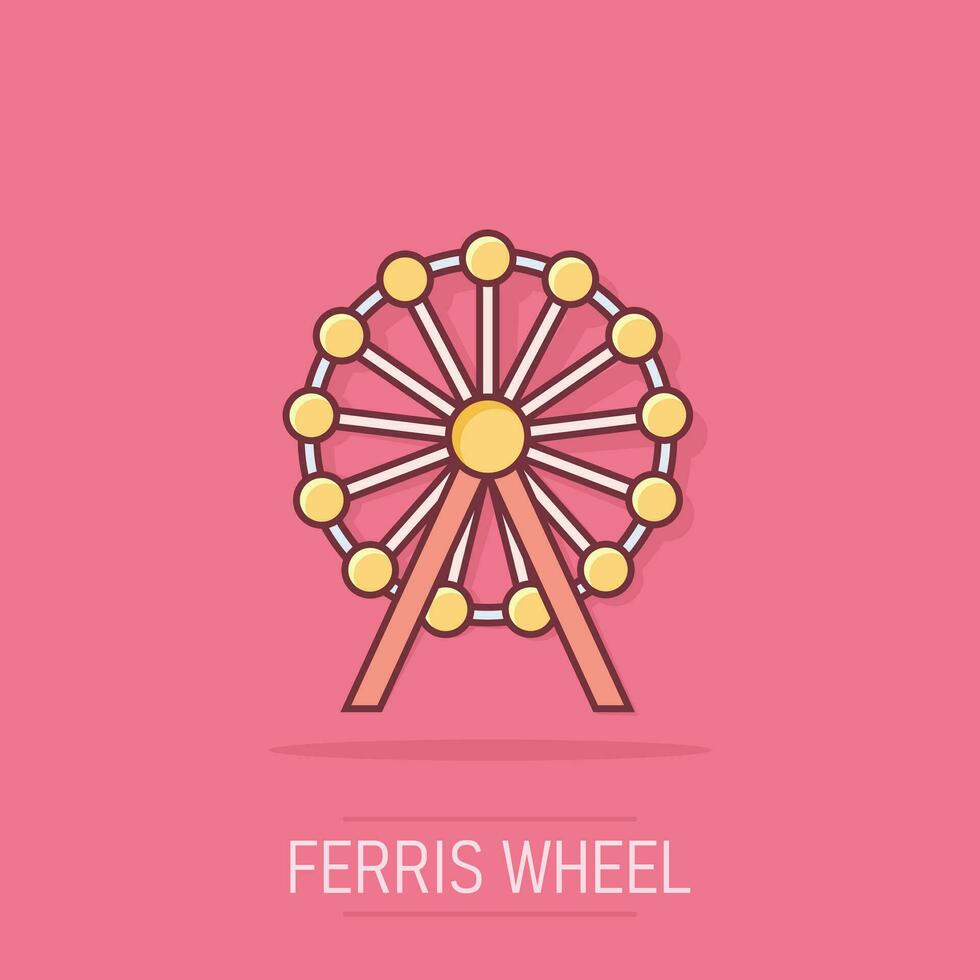 icono de rueda de ferris de dibujos animados vectoriales en estilo cómico. carrusel en pictograma de ilustración de signo de parque. concepto de efecto de salpicadura de negocio de paseo de diversión. vector