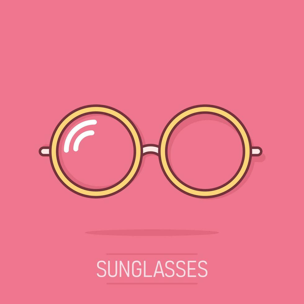 Vector cartoon sunglasses icon in comic style. Eyewear sign illustration pictogram. Sunglasses business splash effect concept.