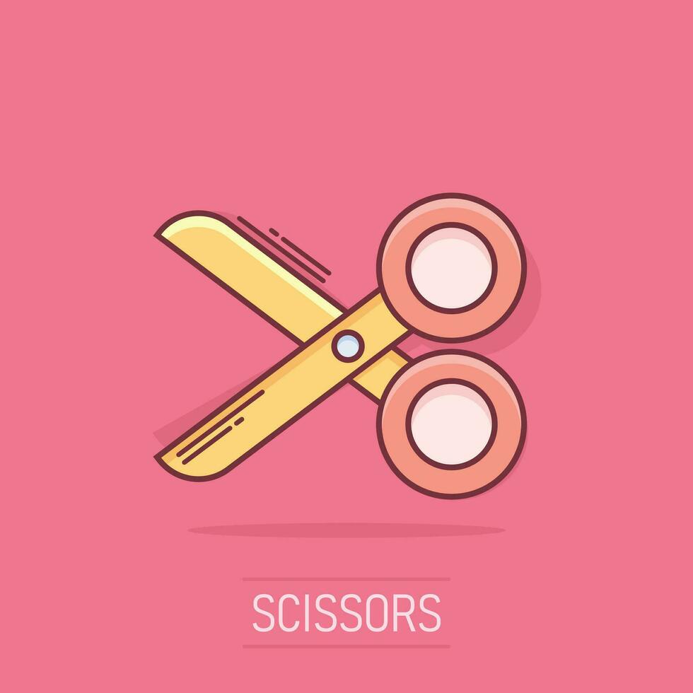 Vector cartoon scissors icon in comic style. Scissor sign illustration pictogram. Shear business splash effect concept.