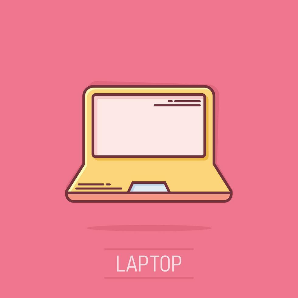 Vector cartoon laptop computer icon in comic style. Notebook sign illustration pictogram. Pc business splash effect concept.