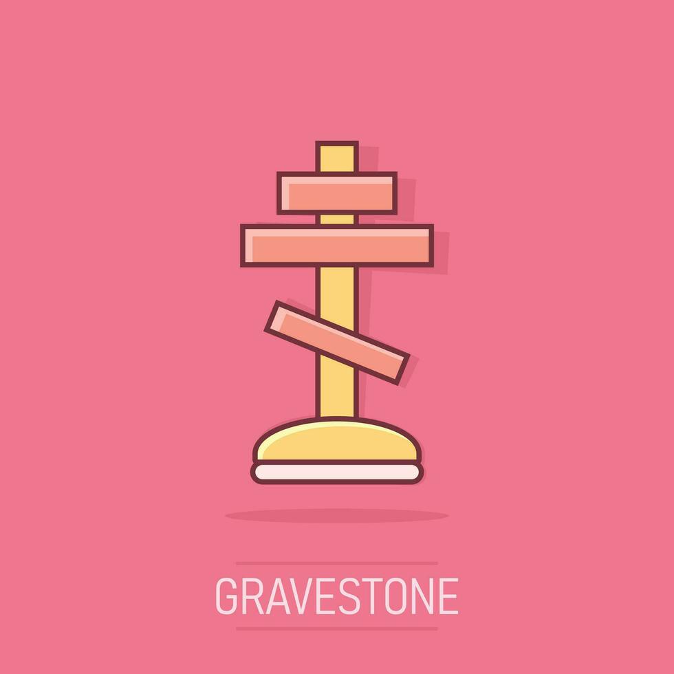 Vector cartoon halloween grave icon in comic style. Gravestone sign illustration pictogram. Rip business splash effect concept.