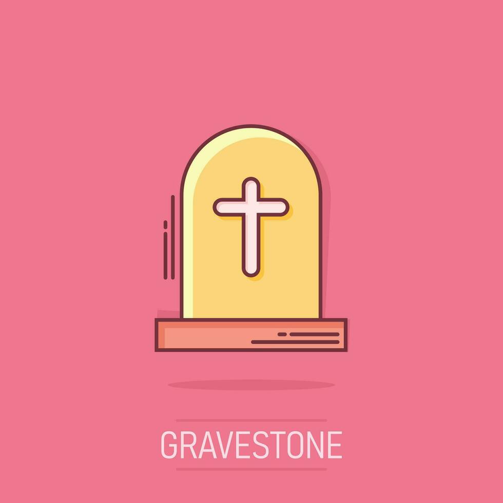 Vector cartoon halloween grave icon in comic style. Gravestone sign illustration pictogram. Rip business splash effect concept.