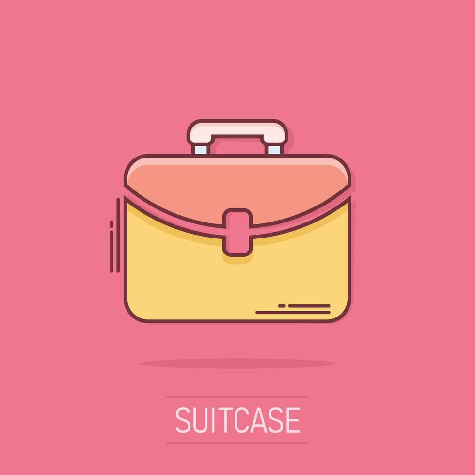 Vector cartoon suitcase icon in comic style. Luggage bag sign illustration pictogram. Diplomat case business splash effect concept.