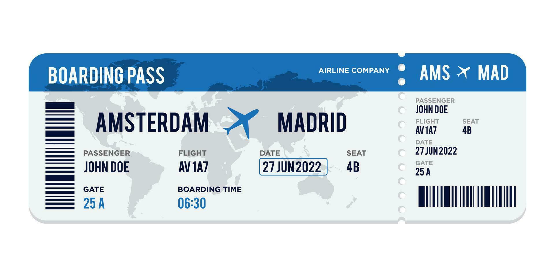 blue and white Airplane ticket design. Realistic illustration of airplane boarding pass with passenger name and destination. Concept of travel, journey or business trip. Isolated on white background vector