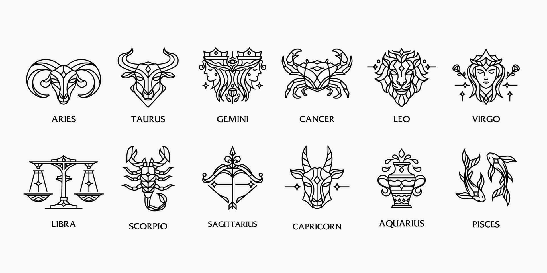 Collection of zodiac astrology signs on white background. modern simple Line art of horoscope astrological icons. vector