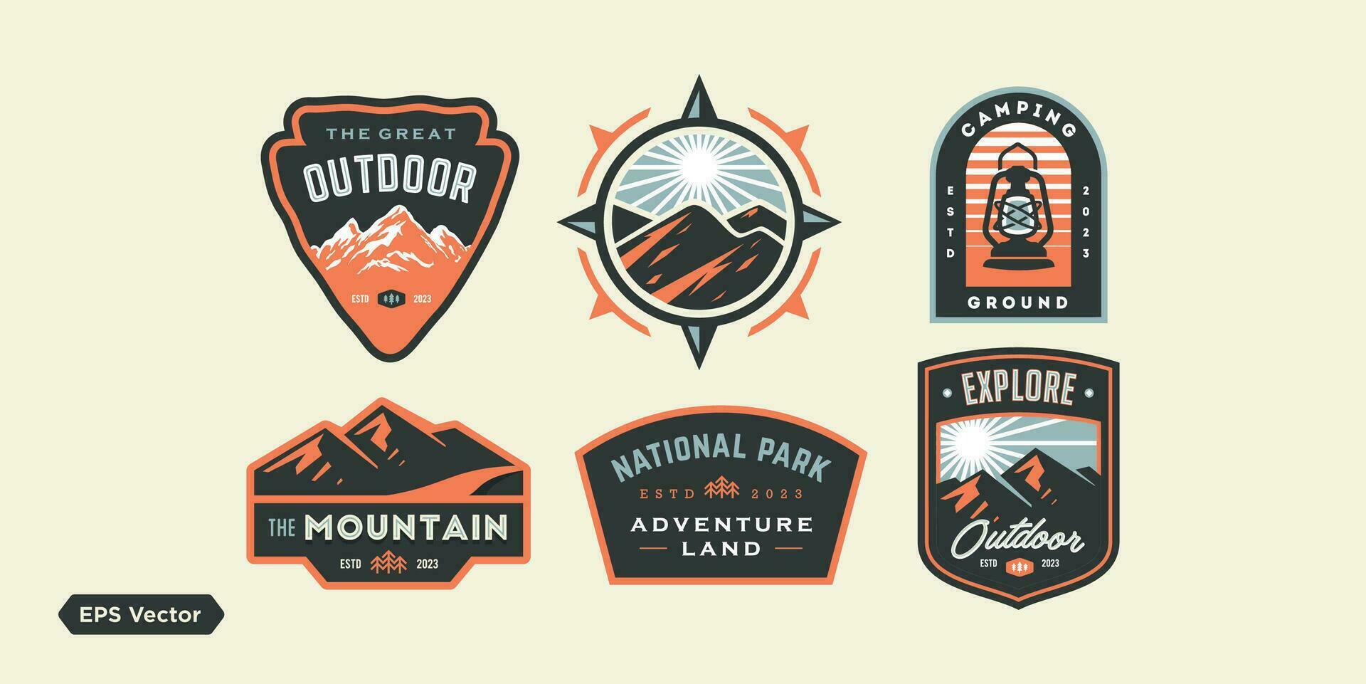 aventuras al aire libre Insignia logotipos conjunto de Clásico montañas paisaje ilustración acampar logo parches vector emblema diseños genial para camisas, sellos, pegatinas logos y etiquetas.