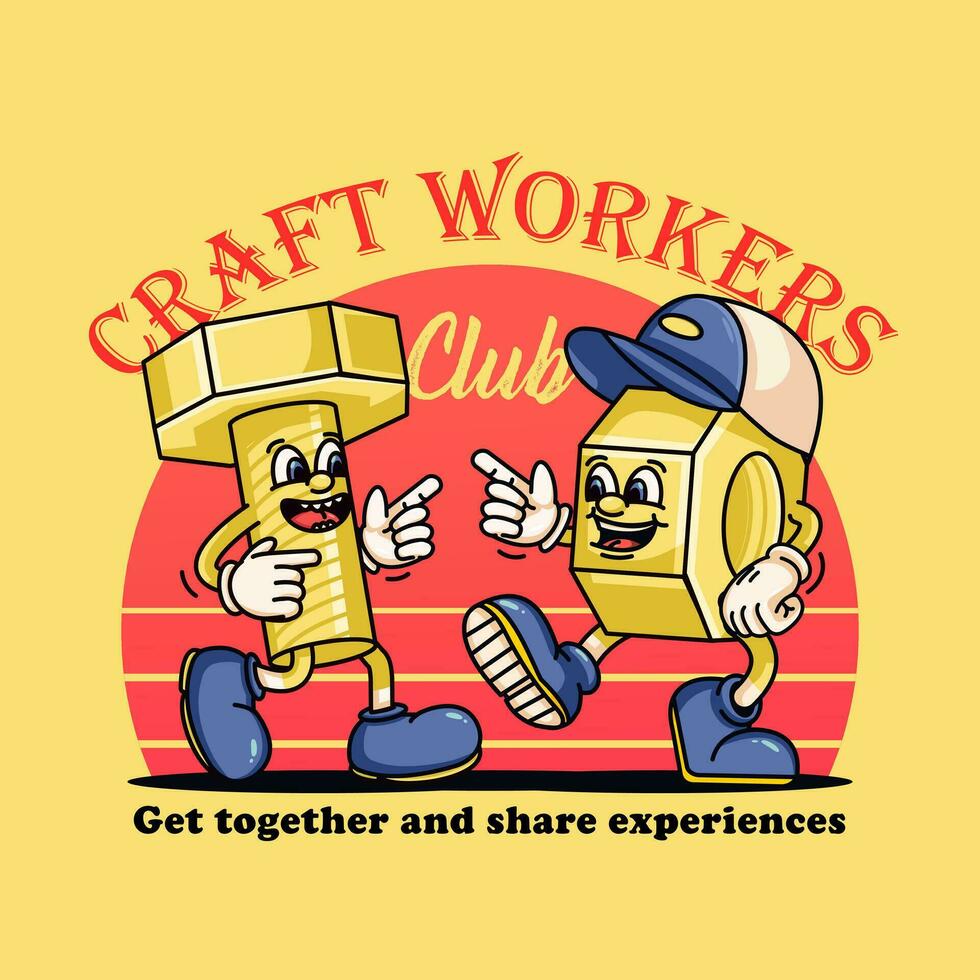 Bolts and nuts chatting intimately, retro mascot characters. Suitable for logos, mascots, t-shirts, stickers and posters vector