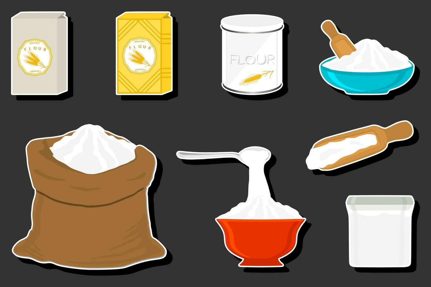Illustration on theme big set different types dishware filled wheat flour vector