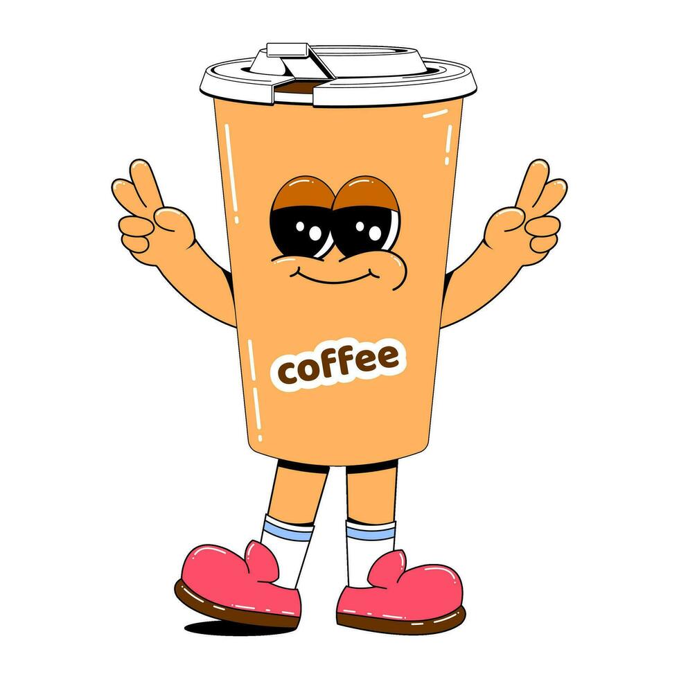 Cute coffee character. Paper glass with lid and straw. An infused coffee mascot with arms, legs and a cute face. vector