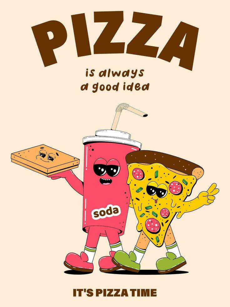 Vertical poster with cute pizza and soda characters in retro cartoon style. Vector illustration of a fast food mascot with arms, legs and a cheerful face.