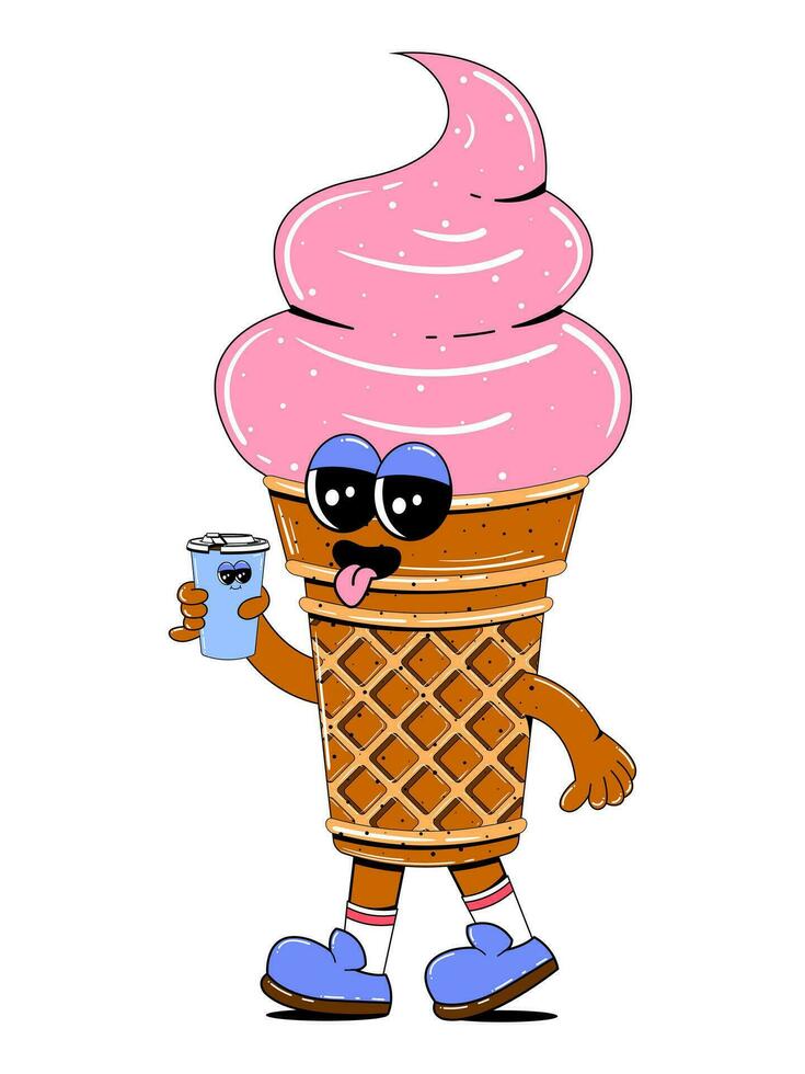 Cute ice cream character in retro cartoon style. Vector colorful illustration of ice cream mascot for cafe, restaurant, menu.