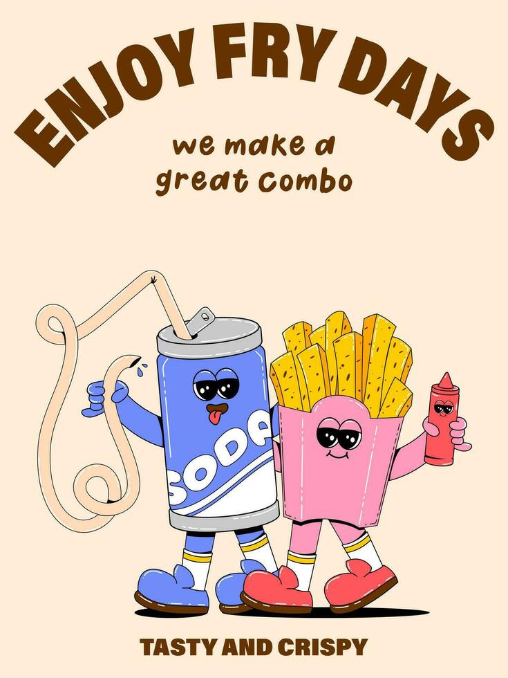 Vertical poster with cute soda french fries characters in retro cartoon style. Vector illustration of a fast food mascot with arms, legs and a cheerful face.