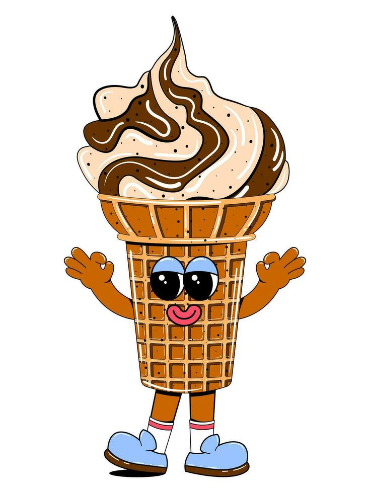 Cute ice cream character in retro cartoon style. Vector colorful illustration of ice cream mascot for cafe, restaurant, menu.