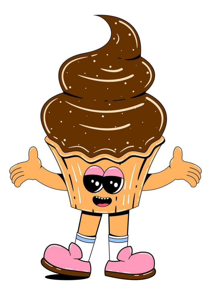 Cute cupcake character in retro cartoon style. Vector illustration of a sweets mascot with a cheerful face, arms, legs.